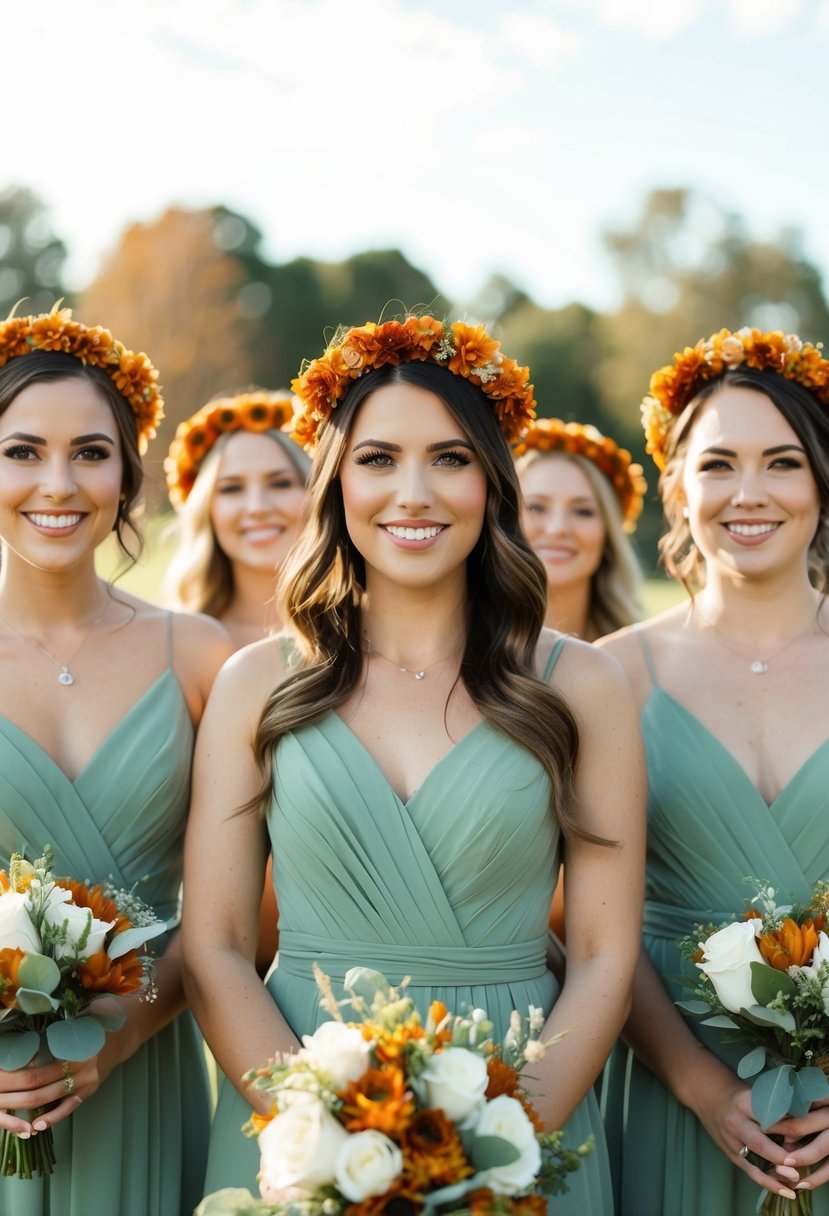 Bridesmaids wearing sage green and burnt orange flower crowns at a wedding