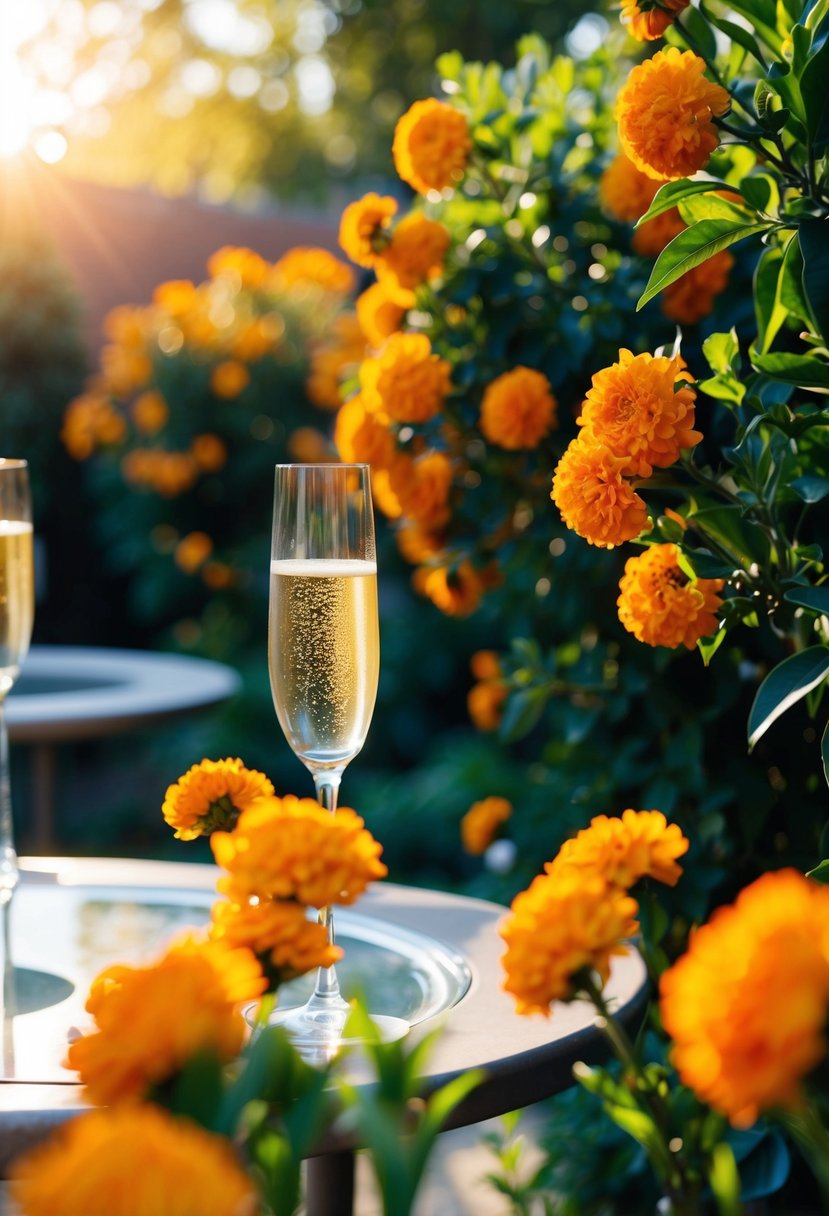 A garden filled with orange blooms, bathed in the warm glow of summer sunlight, with a glass of champagne resting on a table