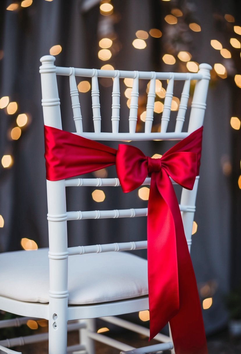 A white chair with a scarlet ribbon tied in a romantic bow