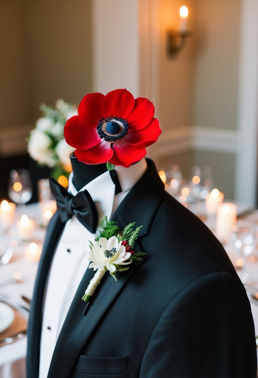 A vibrant red anemone boutonniere pinned to a sleek black tuxedo lapel, set against a backdrop of soft candlelight and elegant table settings