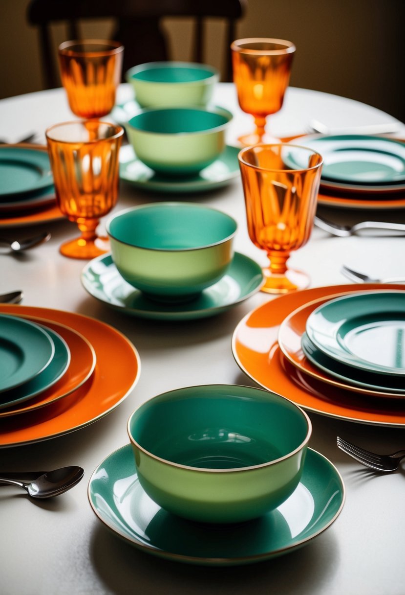 Vintage sage green tableware and orange glassware arranged on a table