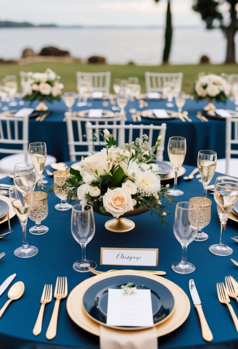 A champagne and navy wedding table set with elegant floral centerpieces and sparkling glassware