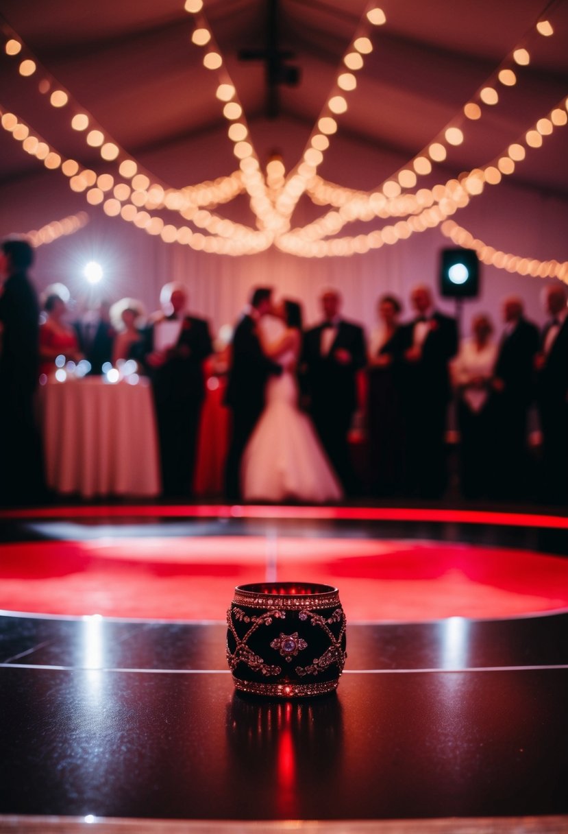 A red and black dance floor with romantic lighting for a wedding