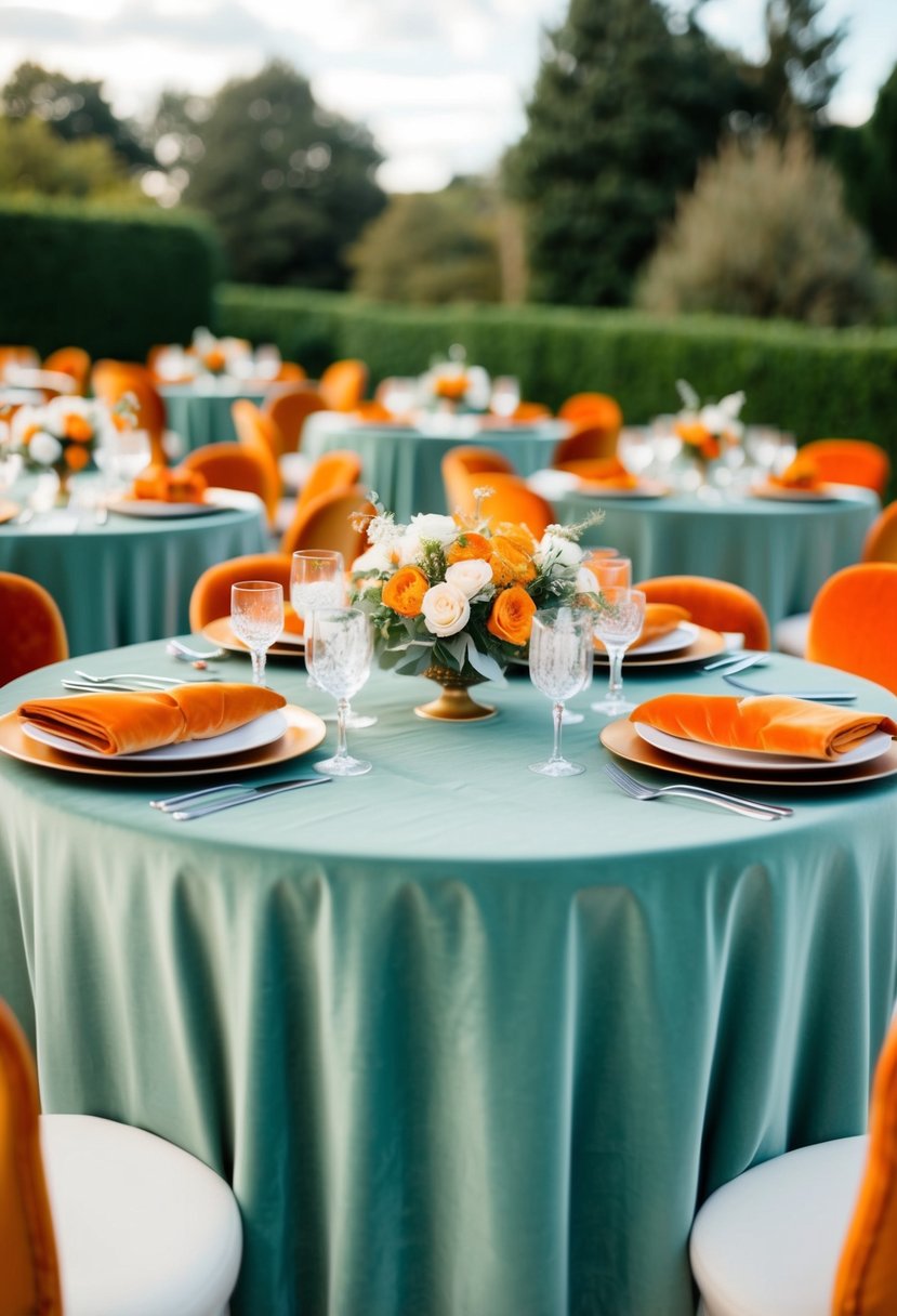 Sage green velvet tablecloths adorned with orange place settings, creating a harmonious and elegant color scheme for a wedding celebration