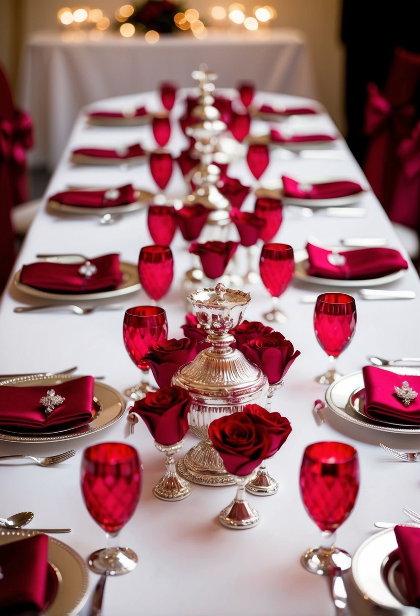 A table decorated with ruby and silver wedding favors, surrounded by romantic red accents and elegant details