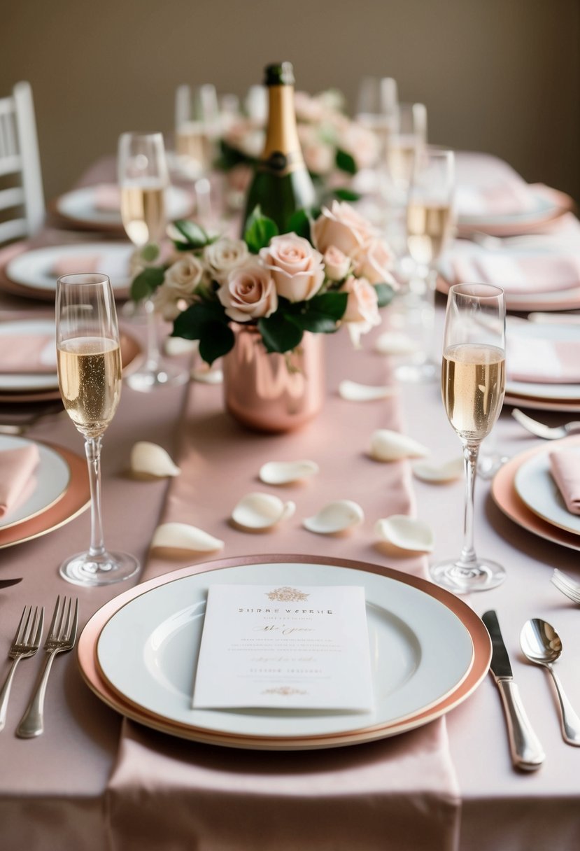 A table set with dusty rose and champagne linens, adorned with rose petals and champagne flutes