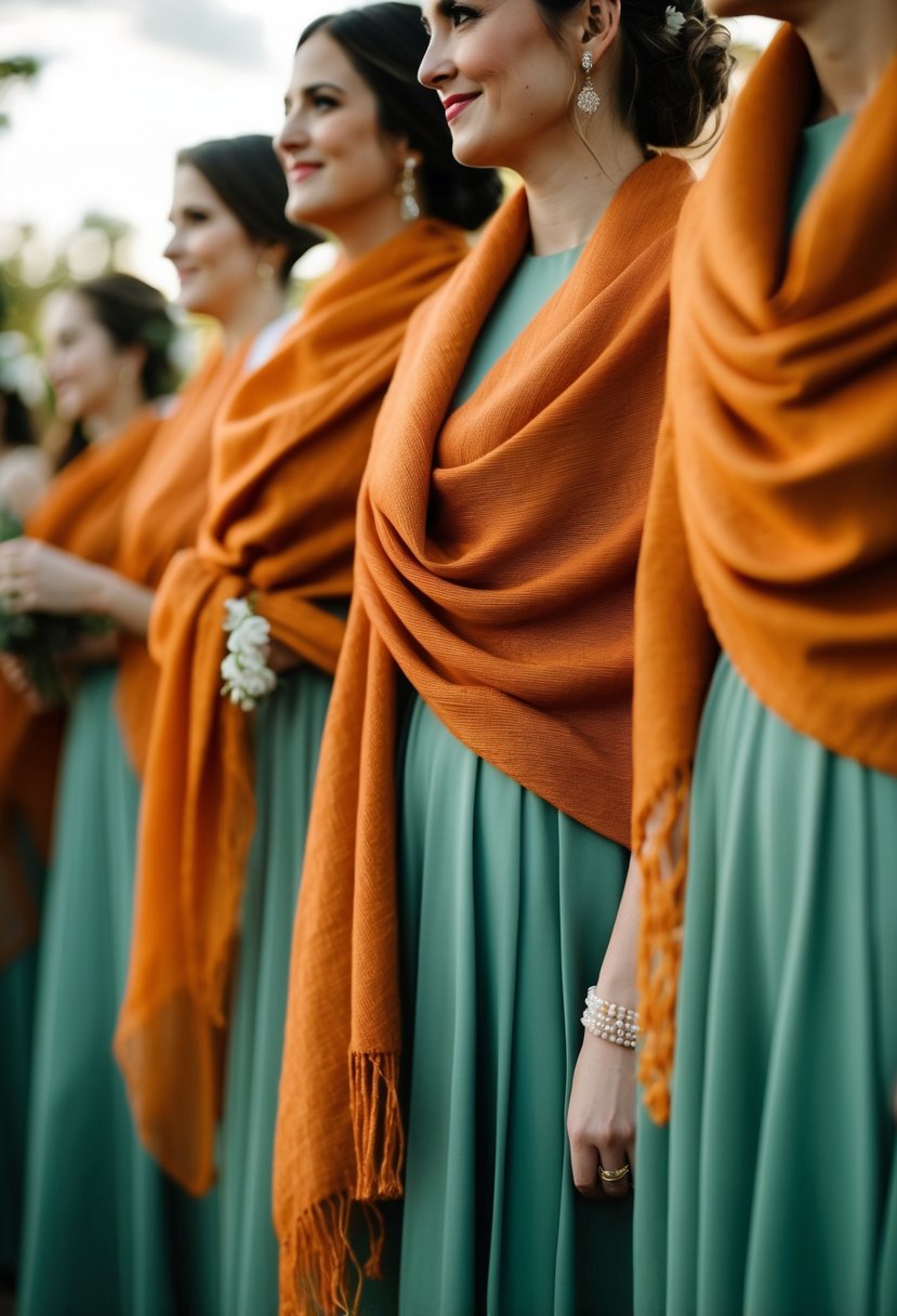 Burnt orange shawls draped over sage green dresses at a wedding