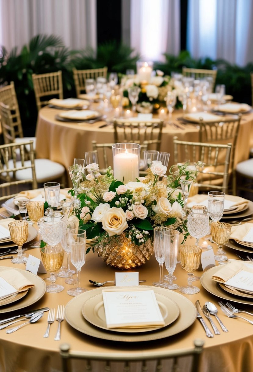 A lavish wedding table set with gold and champagne-colored linens, sparkling glassware, and opulent floral arrangements in coordinating hues