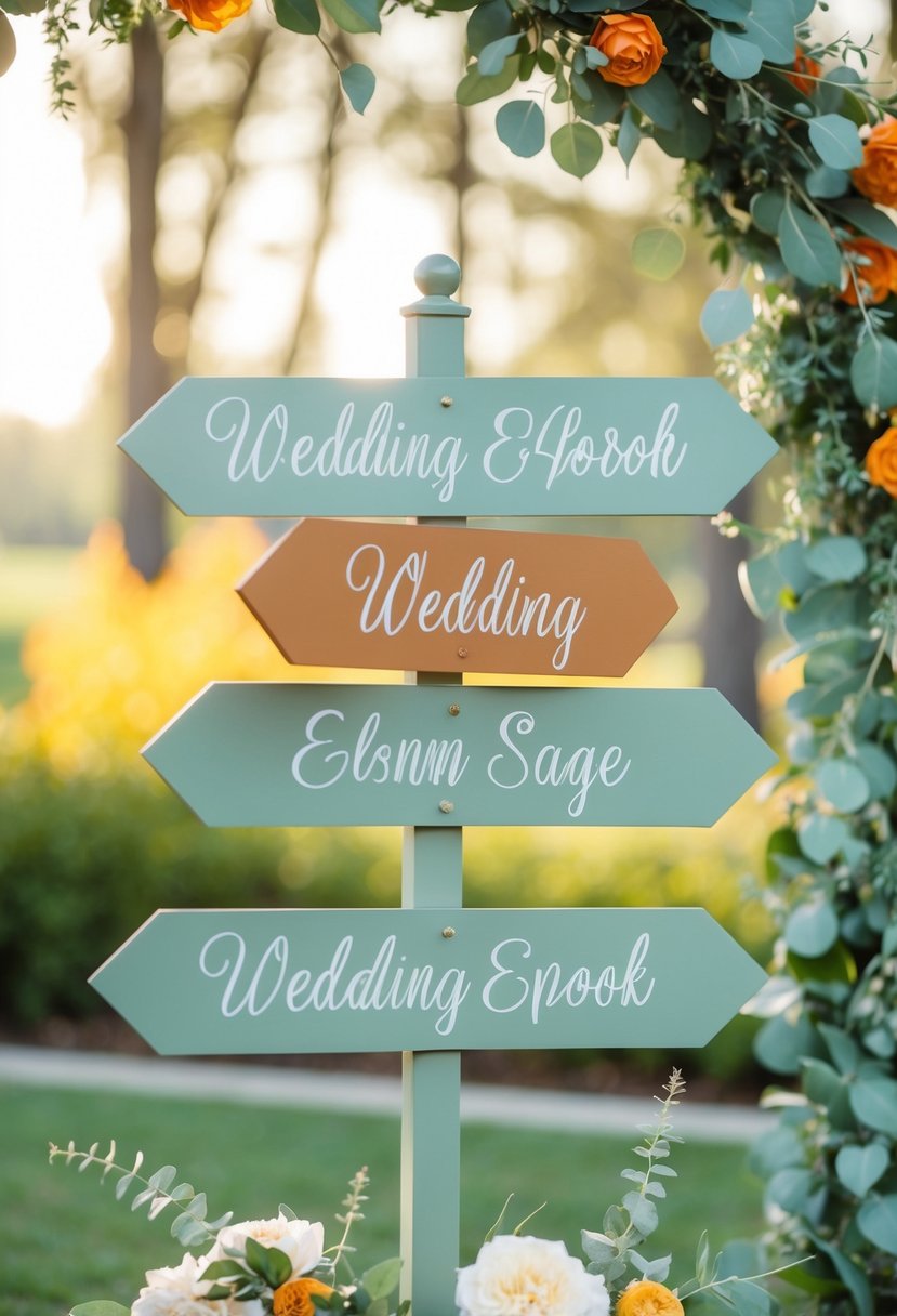 A beautiful wedding signpost with elegant sage and burnt orange colors, surrounded by sage green decor