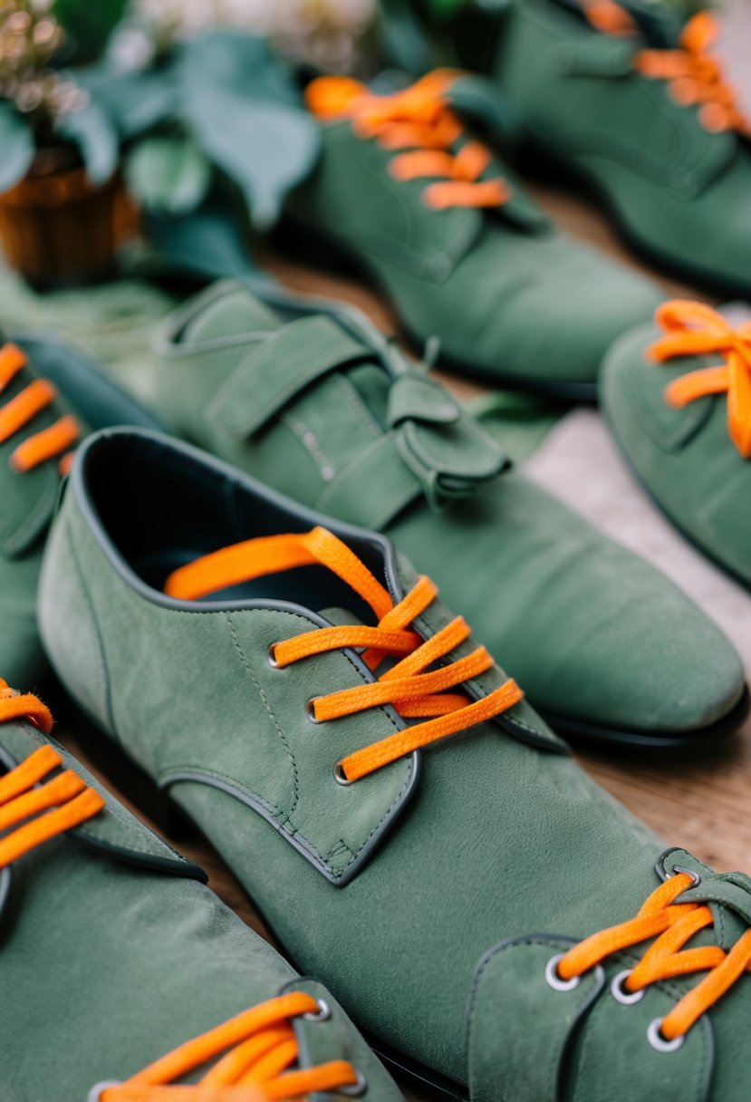 Sage green suede shoes with orange laces arranged in a stylish and cohesive manner, perfect for groomsmen at an orange and sage green themed wedding