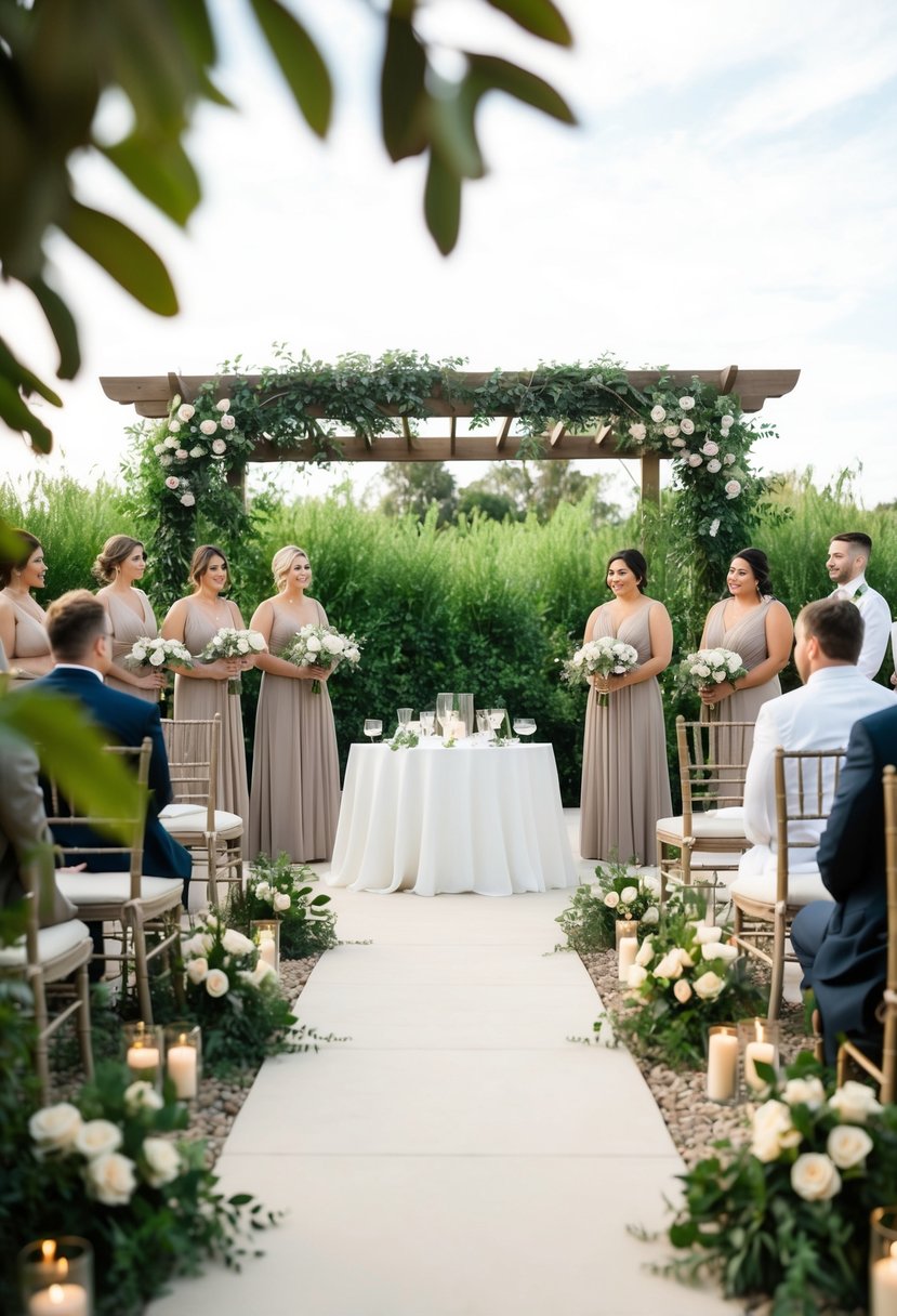 A serene outdoor wedding ceremony with champagne and taupe accents, surrounded by lush greenery and natural earthy elements