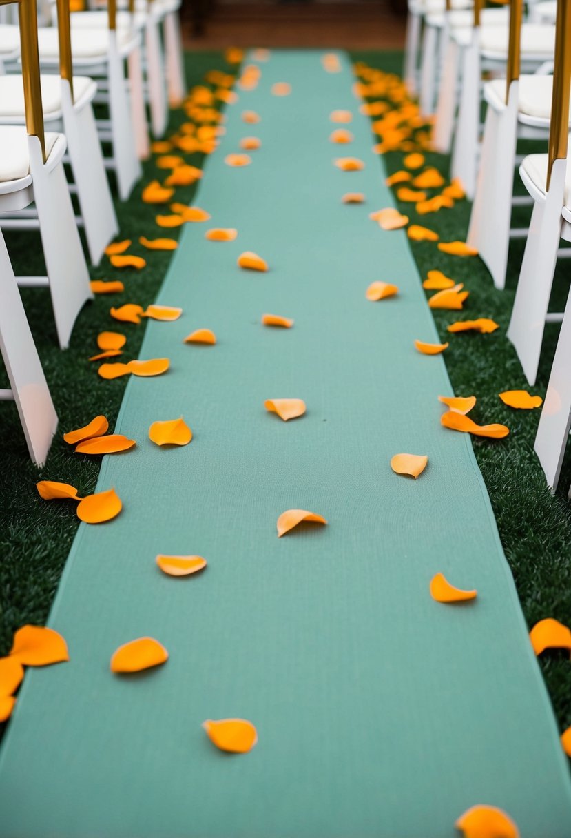 Sage green aisle runners with scattered orange petals