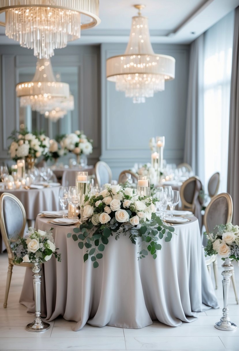 A chic wedding scene with champagne and grey color palette, featuring elegant decor, floral arrangements, and stylish attire