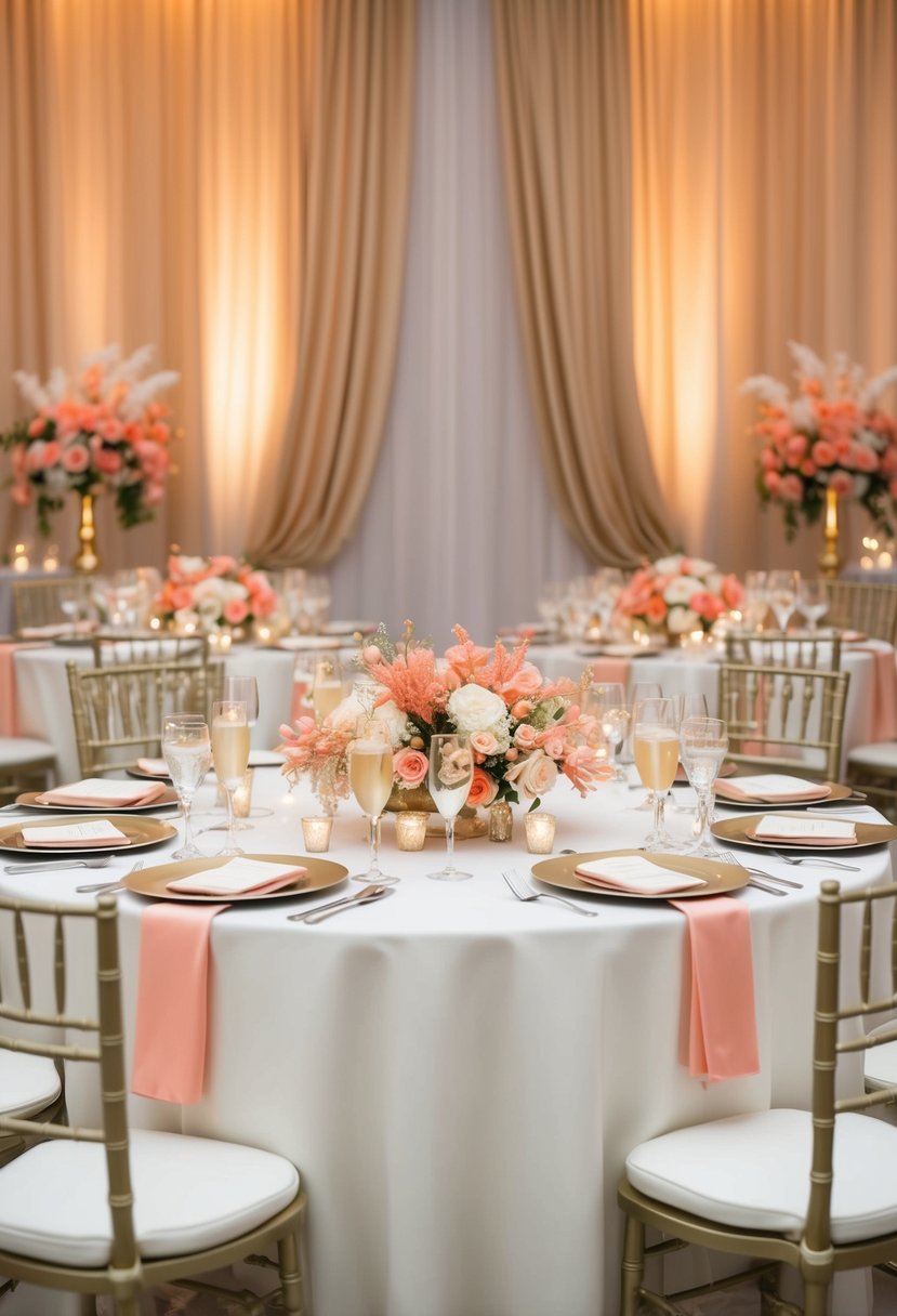 A wedding table adorned with vibrant champagne and coral floral arrangements, set against a backdrop of elegant champagne-colored drapes