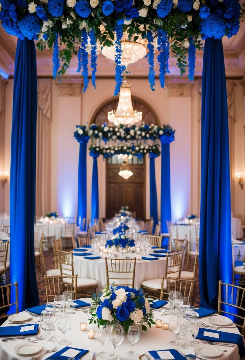 A grand hall adorned with royal blue flowers, drapes, and table settings for an elegant wedding celebration