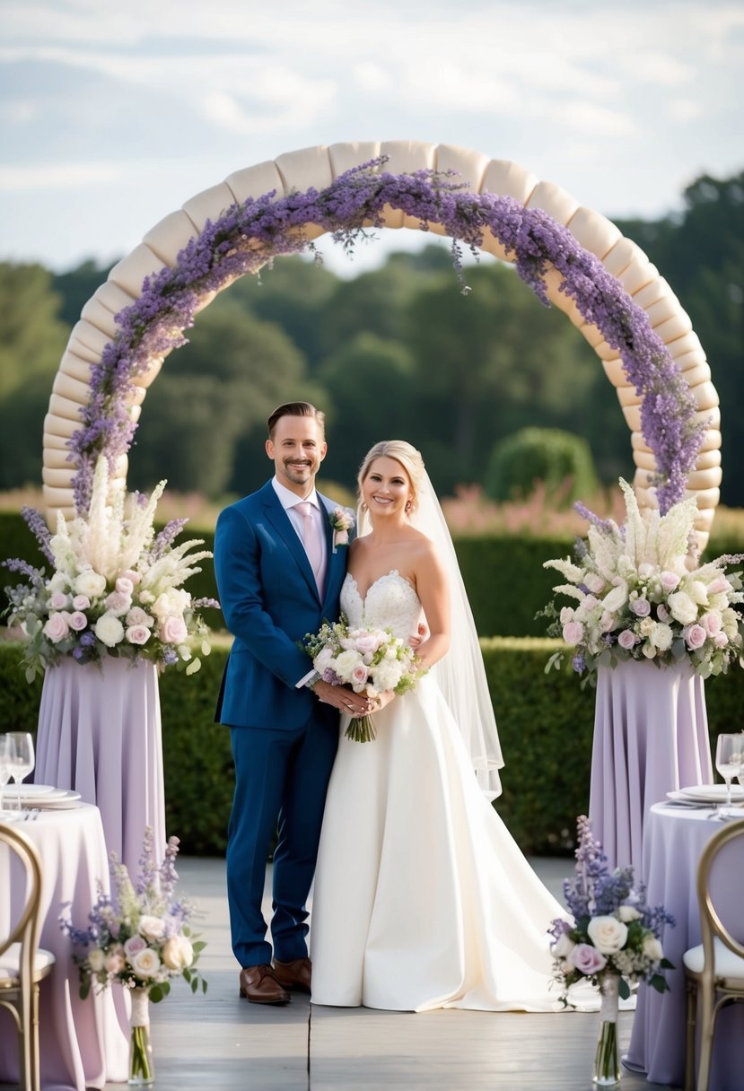 A bride and groom stand beneath a soft champagne and lavender arch, surrounded by matching floral arrangements and table settings