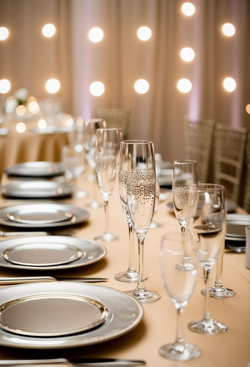 A champagne-colored wedding table adorned with silver sparkles and shimmering glassware