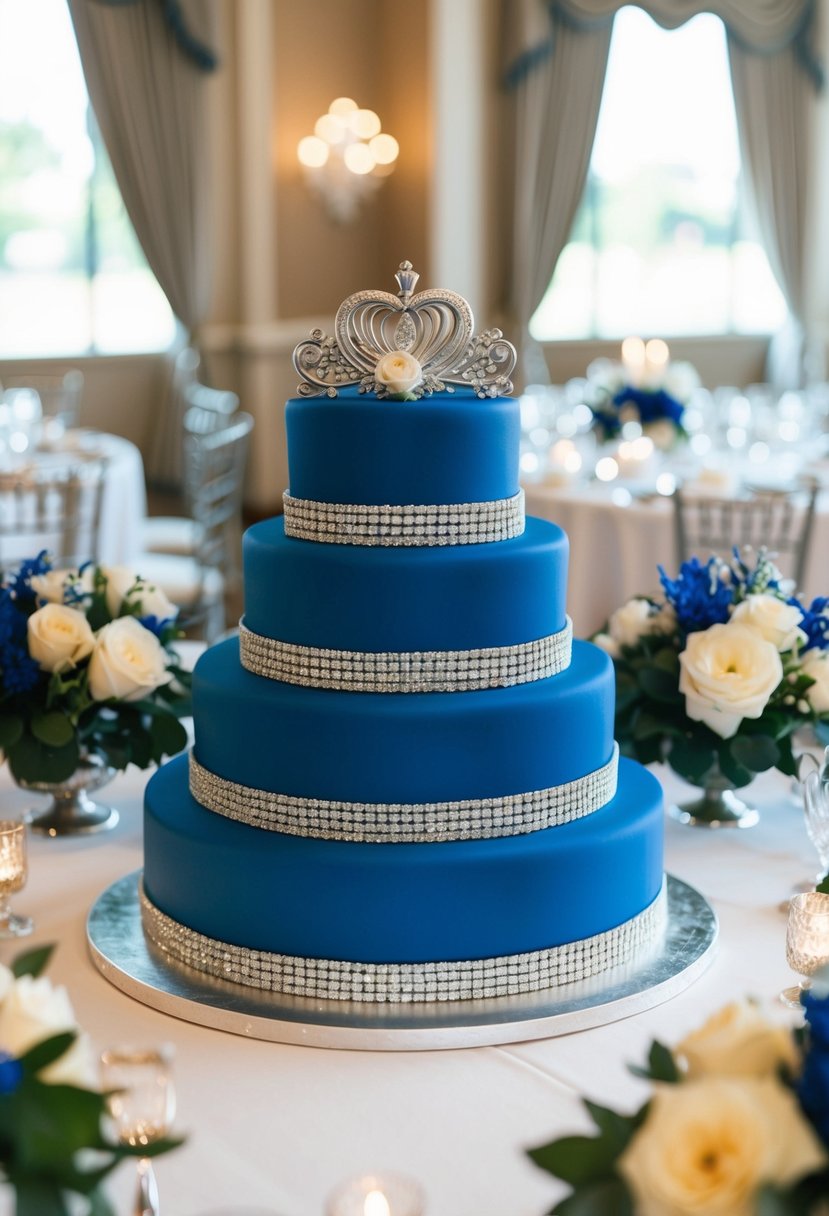 A royal blue wedding cake adorned with silver accents, surrounded by matching floral arrangements and table settings