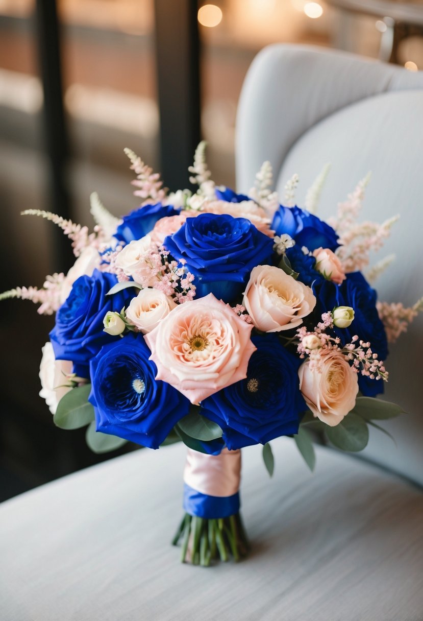 A royal blue wedding bouquet with blush pink accents