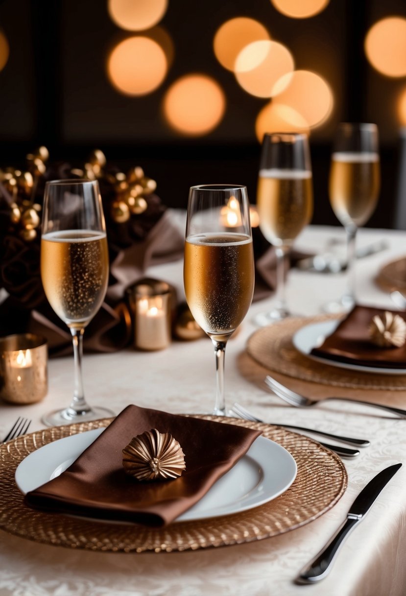 A table set with warm champagne and chocolate brown accents