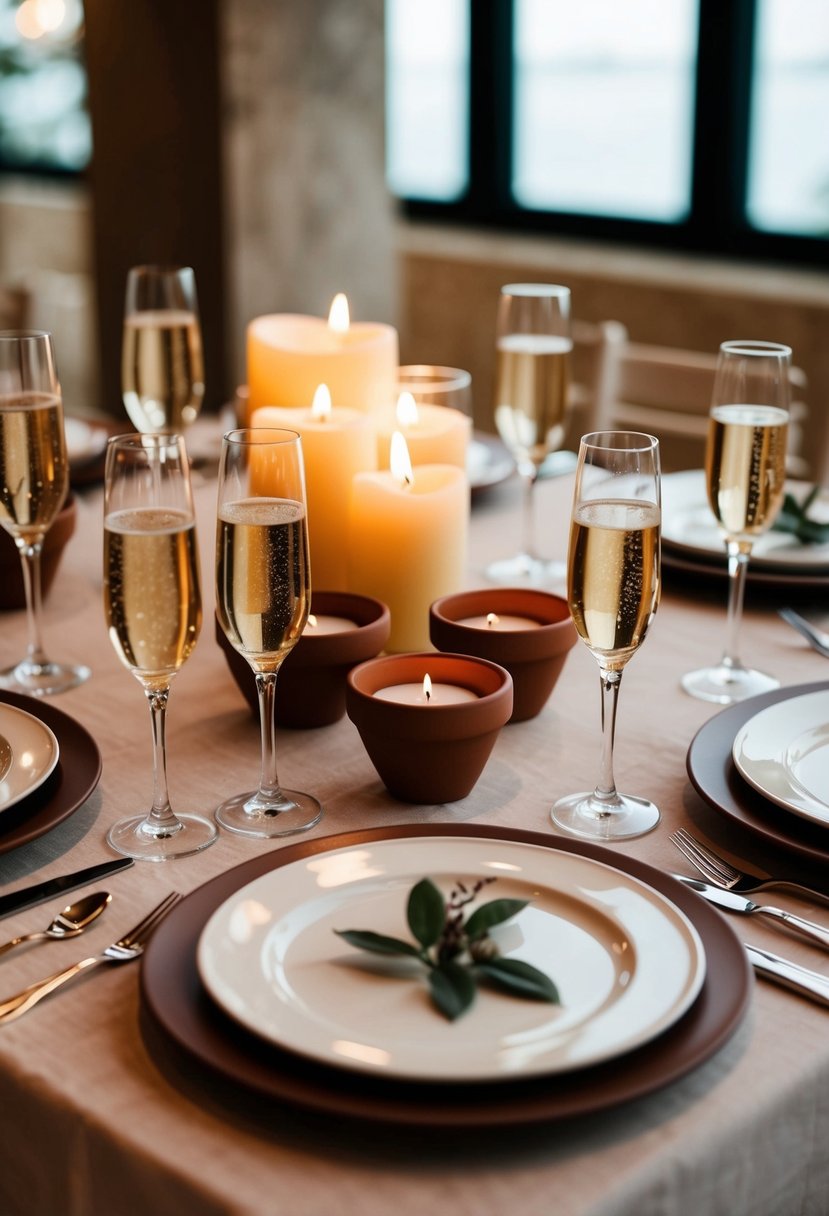 A table set with champagne flutes, terracotta centerpieces, and warm candlelight