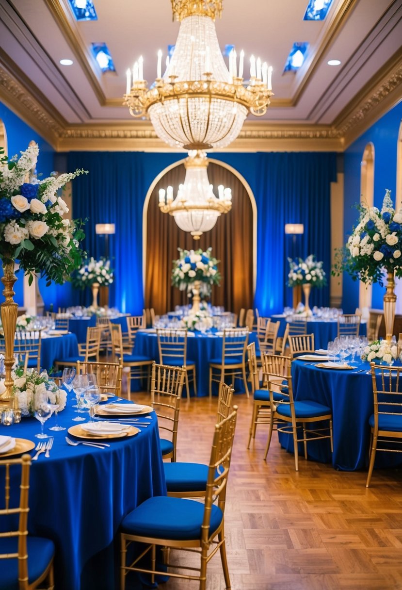 A regal banquet hall adorned in royal blue and gold accents, with elegant table settings and opulent floral arrangements