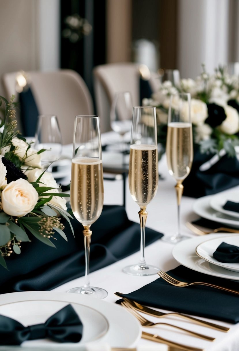 A sleek, modern champagne and black tie wedding setting with elegant champagne flutes, black and gold accents, and sophisticated floral arrangements