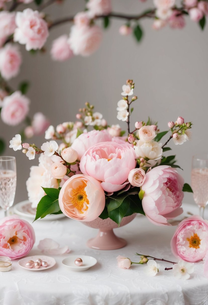 A light pink wedding palette: soft roses, blush peonies, and delicate cherry blossoms arranged in a romantic, ethereal setting