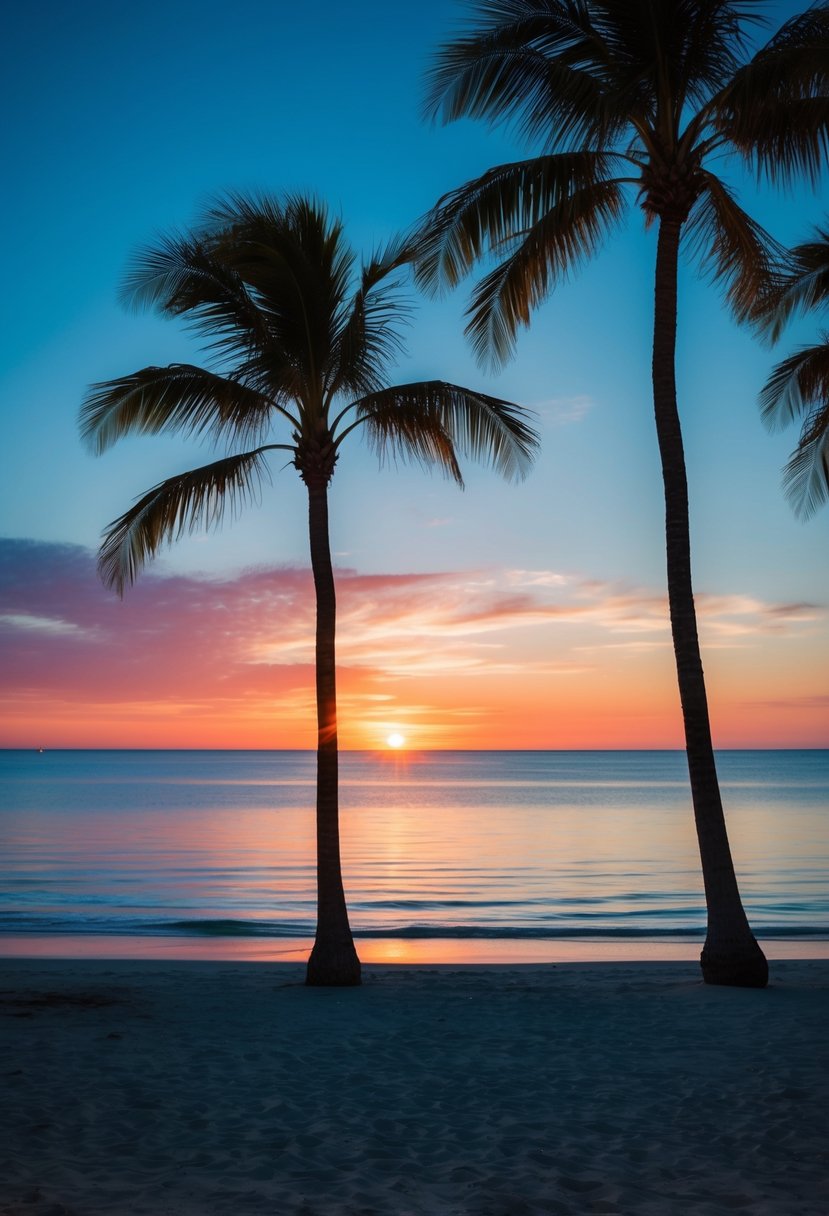 A royal blue and coral sunset over a tranquil beach with palm trees