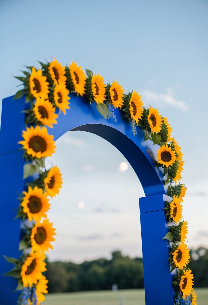 A royal blue wedding arch adorned with vibrant sunflowers against a clear sky