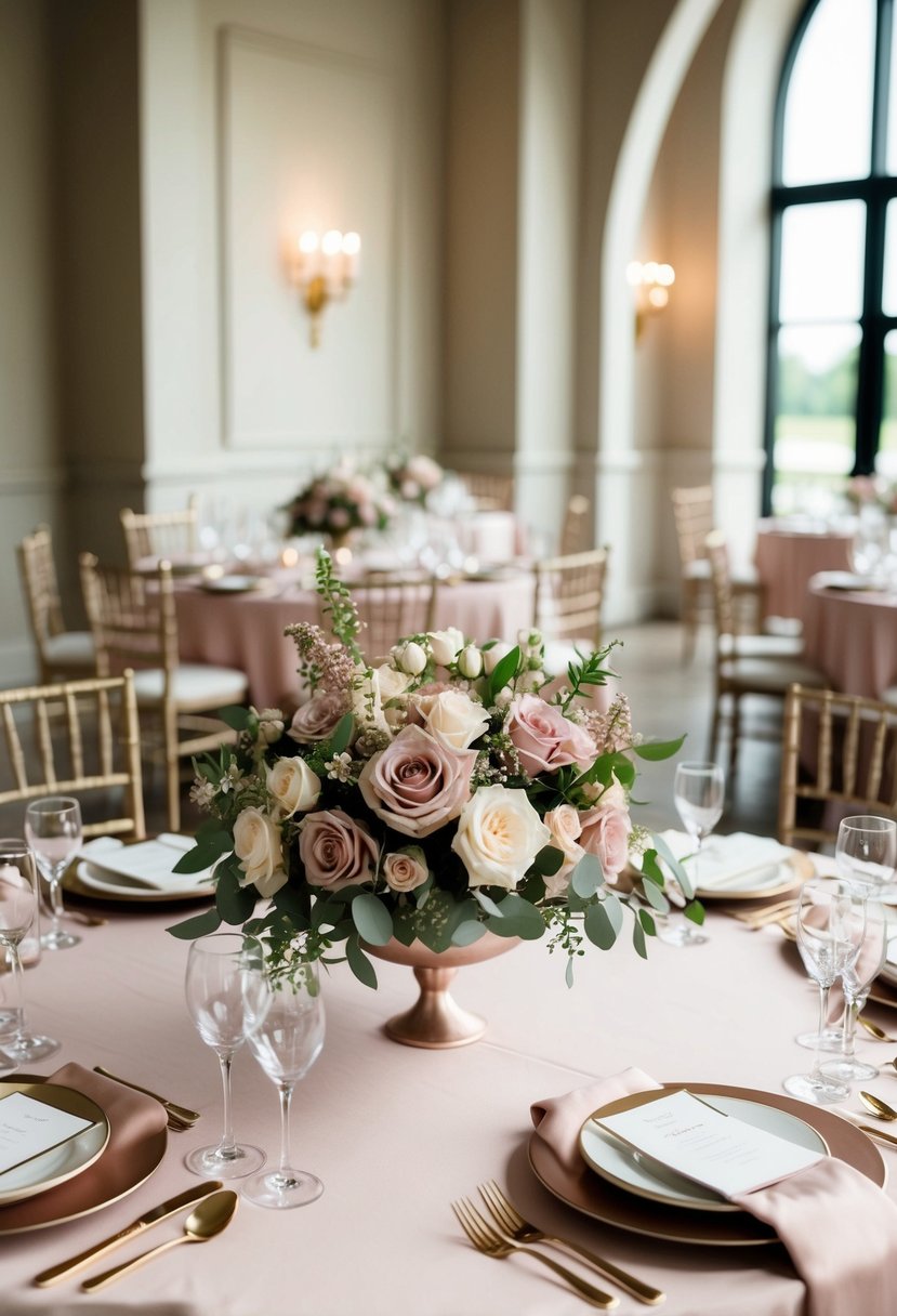 A wedding table set with dusty rose and cream pink floral centerpieces and matching table linens