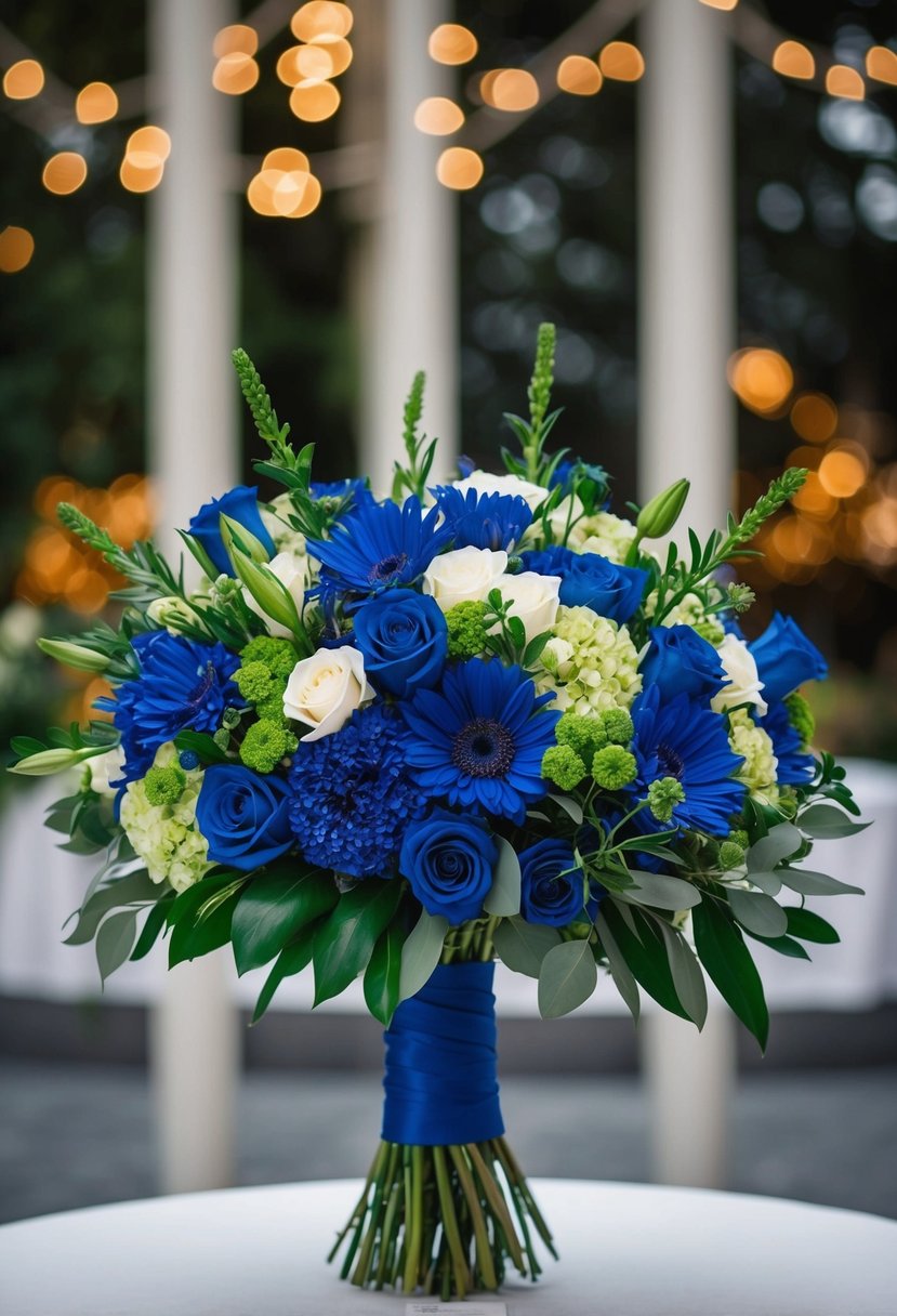 A regal wedding bouquet of royal blue and emerald green flowers