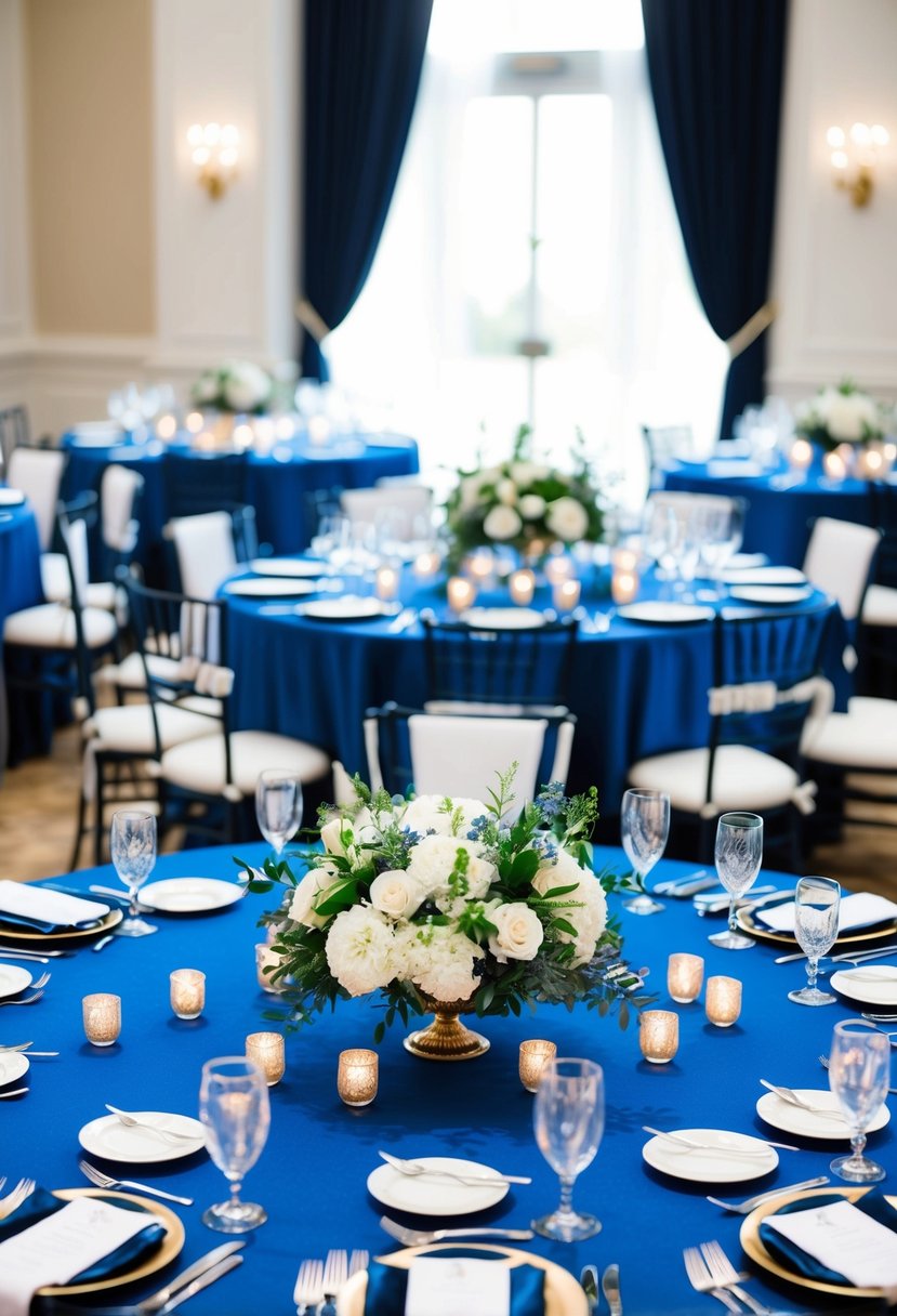 A regal wedding table set with royal blue linens, navy accents, and white floral centerpieces