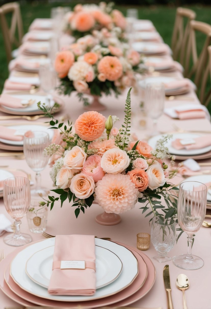 A soft, romantic wedding table setting with blush, peach, and coral floral arrangements, complemented by coordinating linens and delicate place settings