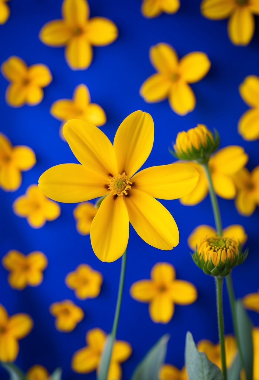 A royal blue backdrop with bright yellow flowers and accents