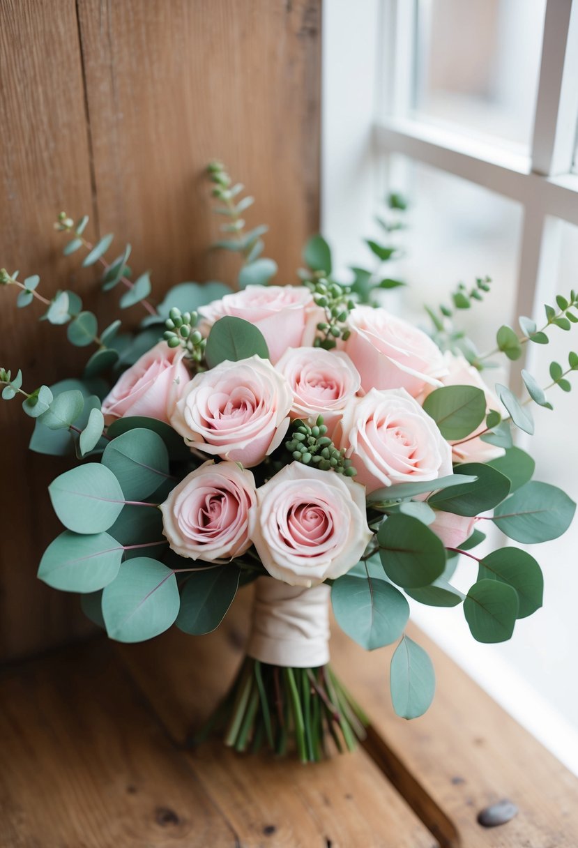 Soft pink roses and mint green eucalyptus arranged in a delicate wedding bouquet