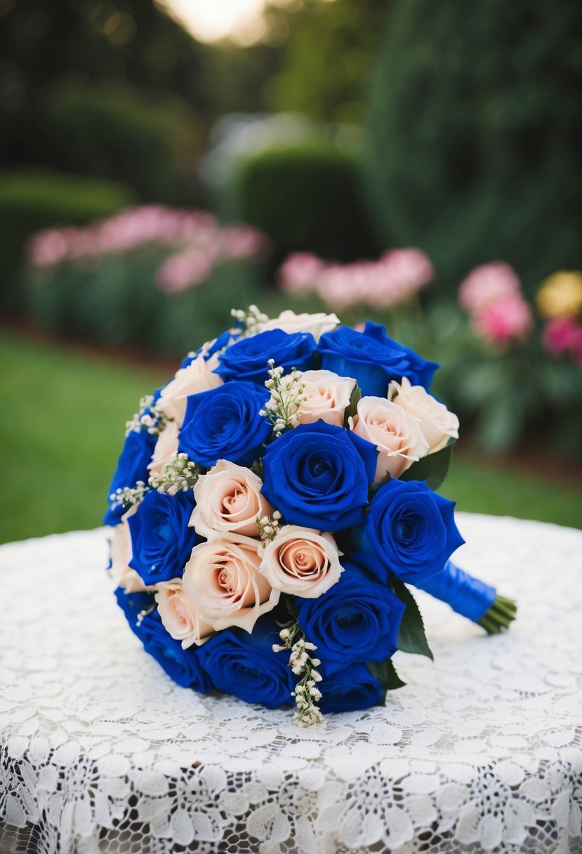 A royal blue and dusty rose wedding bouquet on a white lace tablecloth