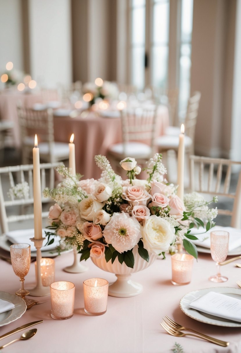 A soft blush and ivory wedding table adorned with delicate flowers and candles