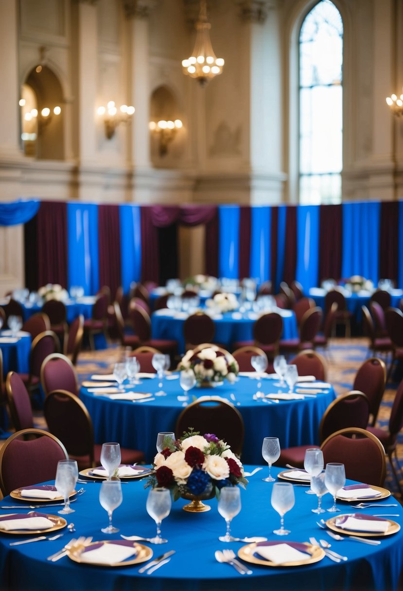 A regal banquet hall adorned with royal blue and maroon decorations, from the table linens to the floral centerpieces