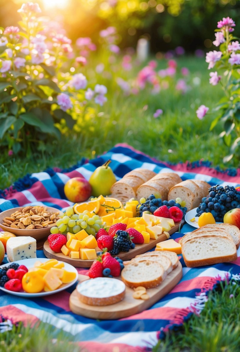 A picnic blanket spread with a variety of colorful fruits, cheeses, and bread, surrounded by blooming flowers and dappled sunlight