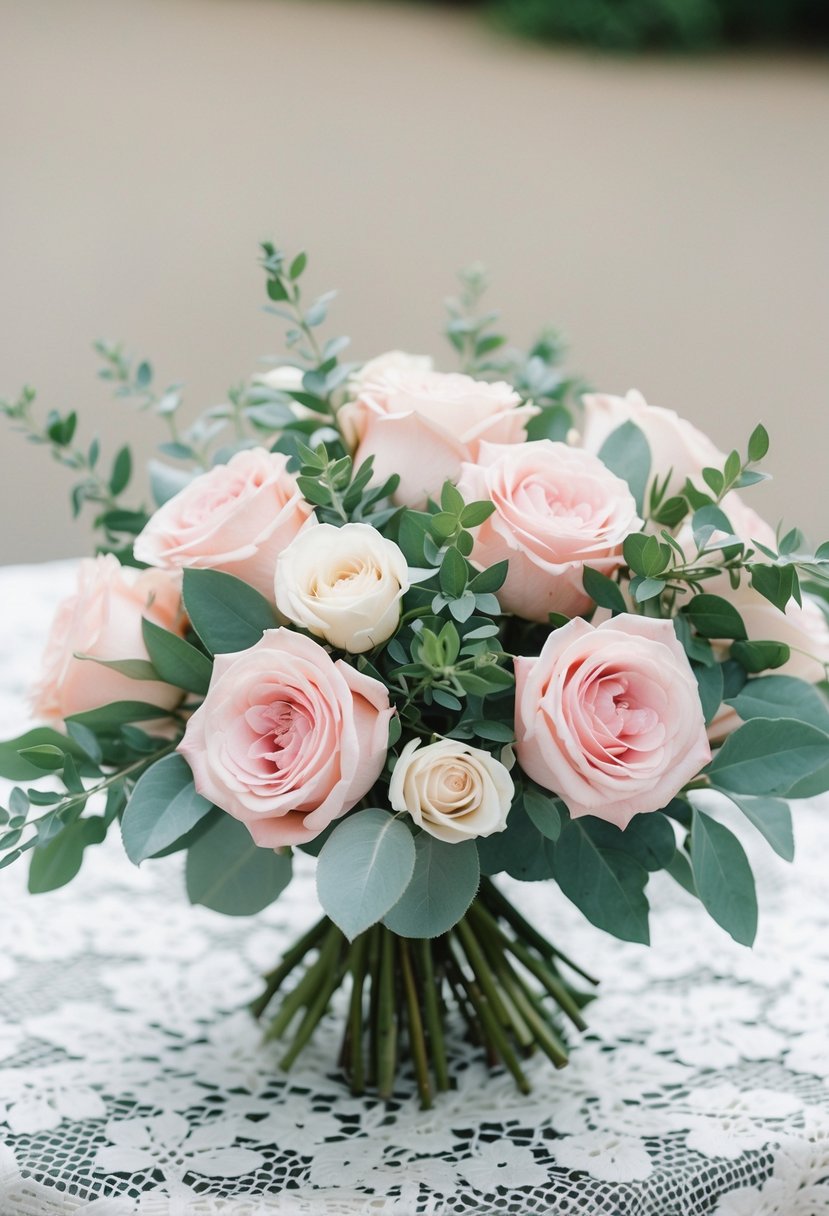 A bouquet of soft pink roses and sage green foliage arranged on a white lace tablecloth