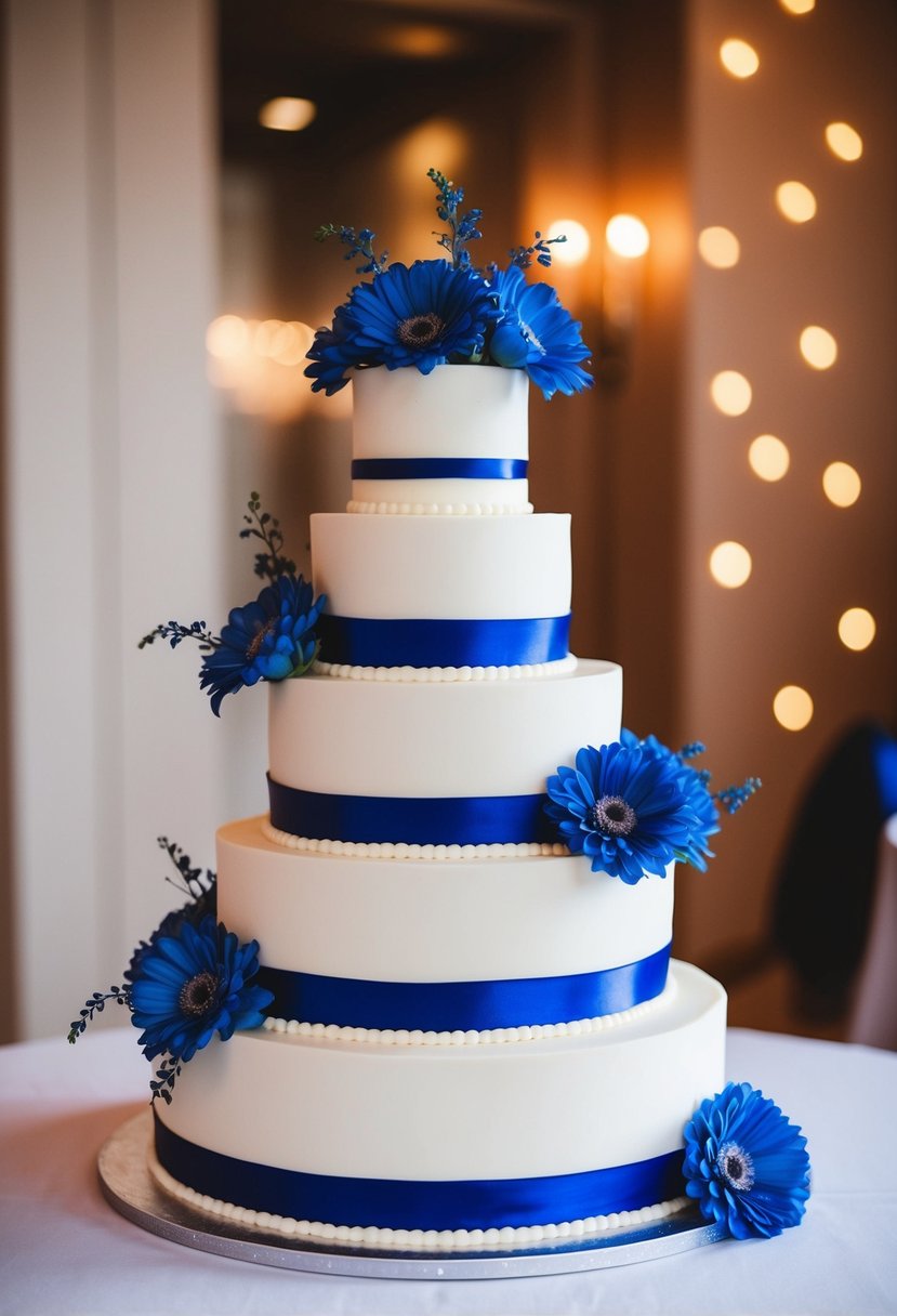 A white wedding cake adorned with royal blue flowers and ribbons