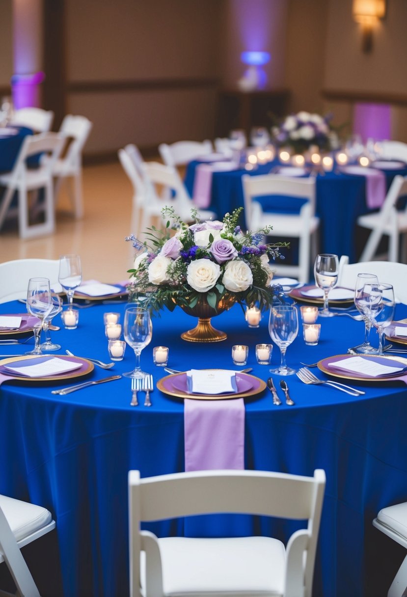 A regal wedding table setting with royal blue tablecloth, lilac napkins, and floral centerpieces in coordinating hues