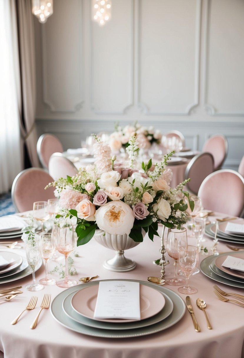 A luxurious wedding table set with blush and silver accents, adorned with elegant floral arrangements and delicate tableware