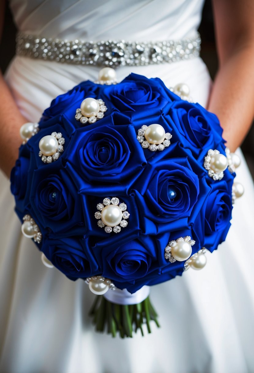 A royal blue wedding bouquet with pearl embellishments