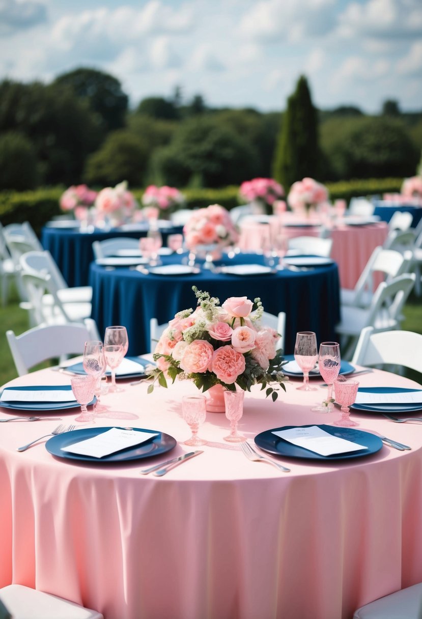 A candy pink and navy blue wedding table with light pink flowers and decor