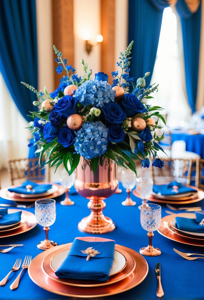 Royal blue and copper wedding decor: a lush bouquet of blue flowers and copper accents, a table set with blue linens and copper tableware, and a stunning blue and copper wedding cake