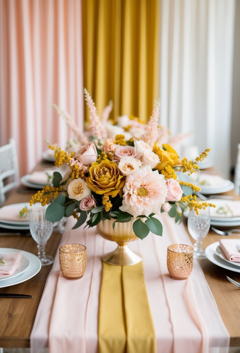 A soft pink and mustard color palette in a wedding setting, with blush and mustard flowers, delicate linens, and elegant table decor