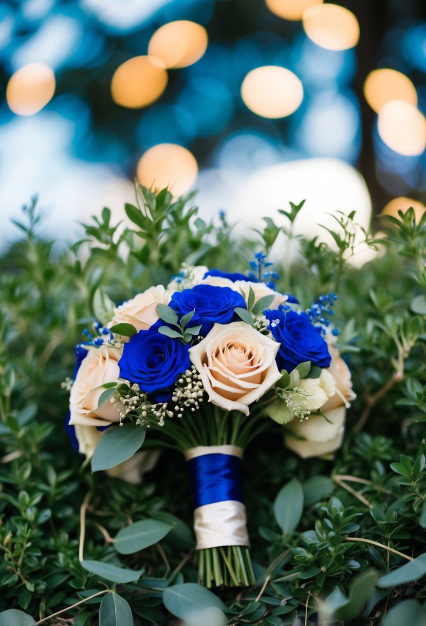 A royal blue and champagne-toned wedding bouquet nestled in a bed of greenery