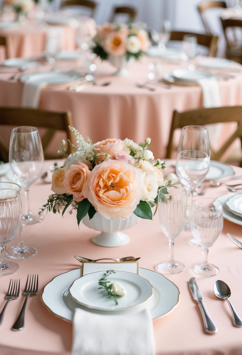 A soft pink peach and white wedding table setting with delicate flowers and elegant place settings